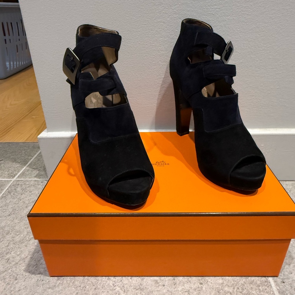 Hermes Women’s Two-Tone Navy and Black Suede High Heel Booties